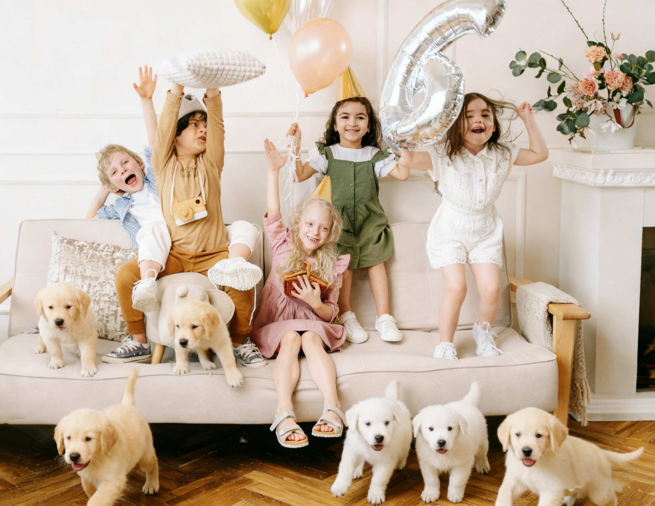 People enjoying yoga with puppies in a bright studio